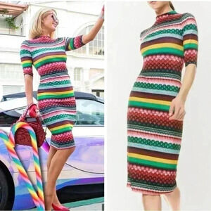 Alice + Olivia Delora Geo Fitted Bodycon Midi Dress 2 XS S Mock Neck Stripe 3/4